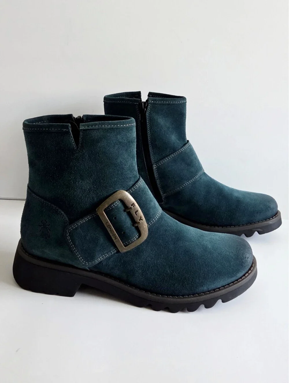 NWOT Fly London Rily Bootie "Oil Suede Petrol" / Teal, Big Buckle Sz 40, 9-9.5 - Picture 8 of 15